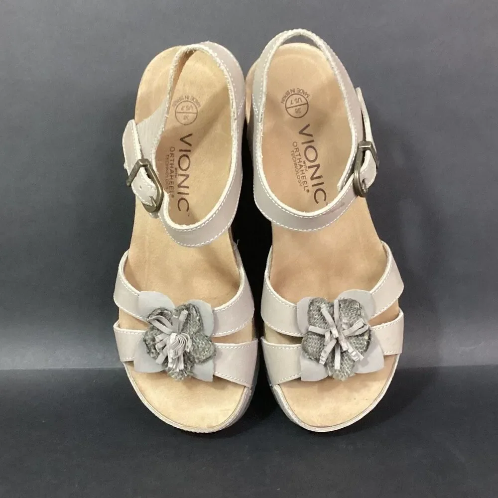 Vionic Orthaheel Strappy Slingback-Women 7-Tan-Flower-Buckle-Cork Heel-Gibraltar